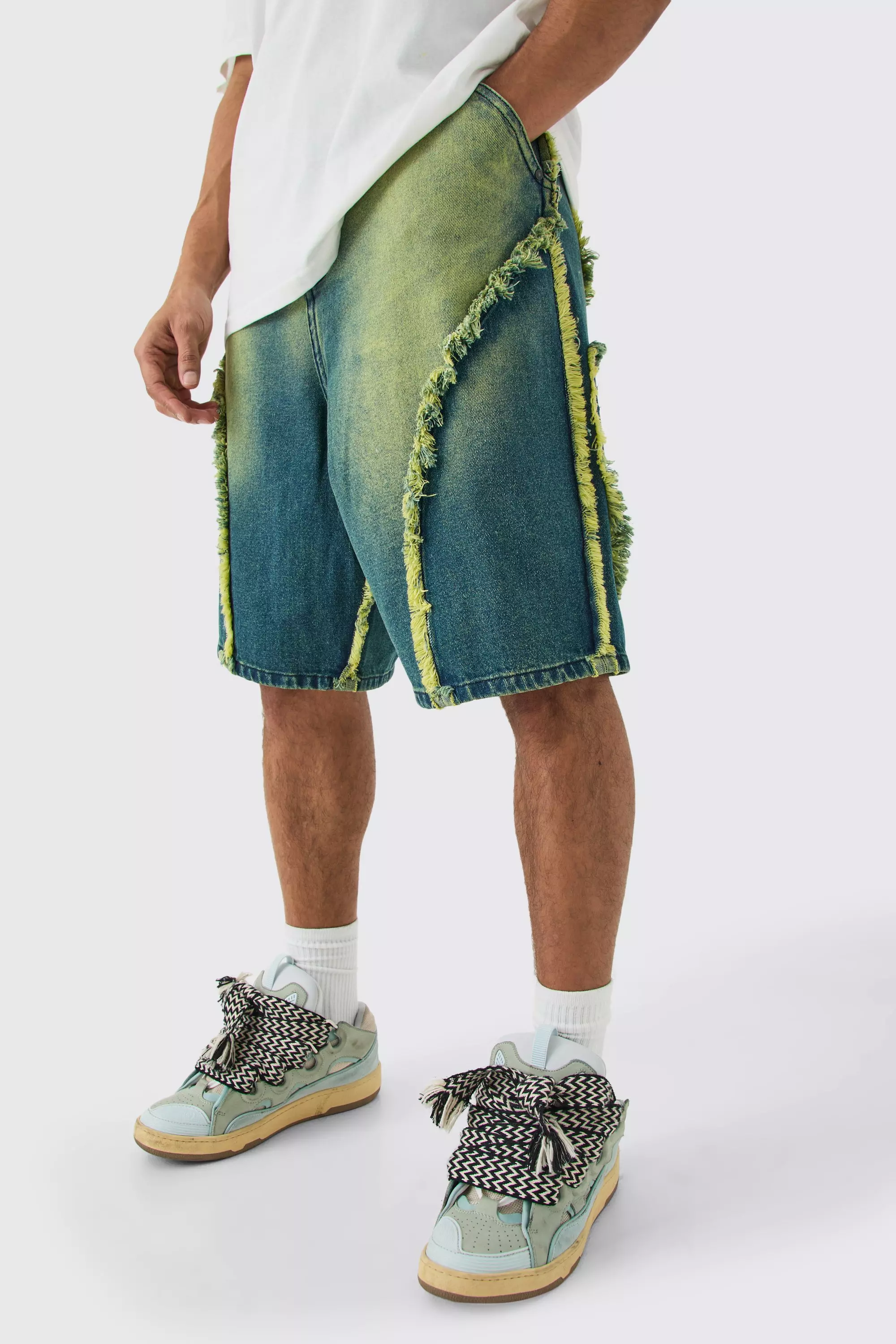 Frayed Edge Denim Jorts In Tinted Green Green