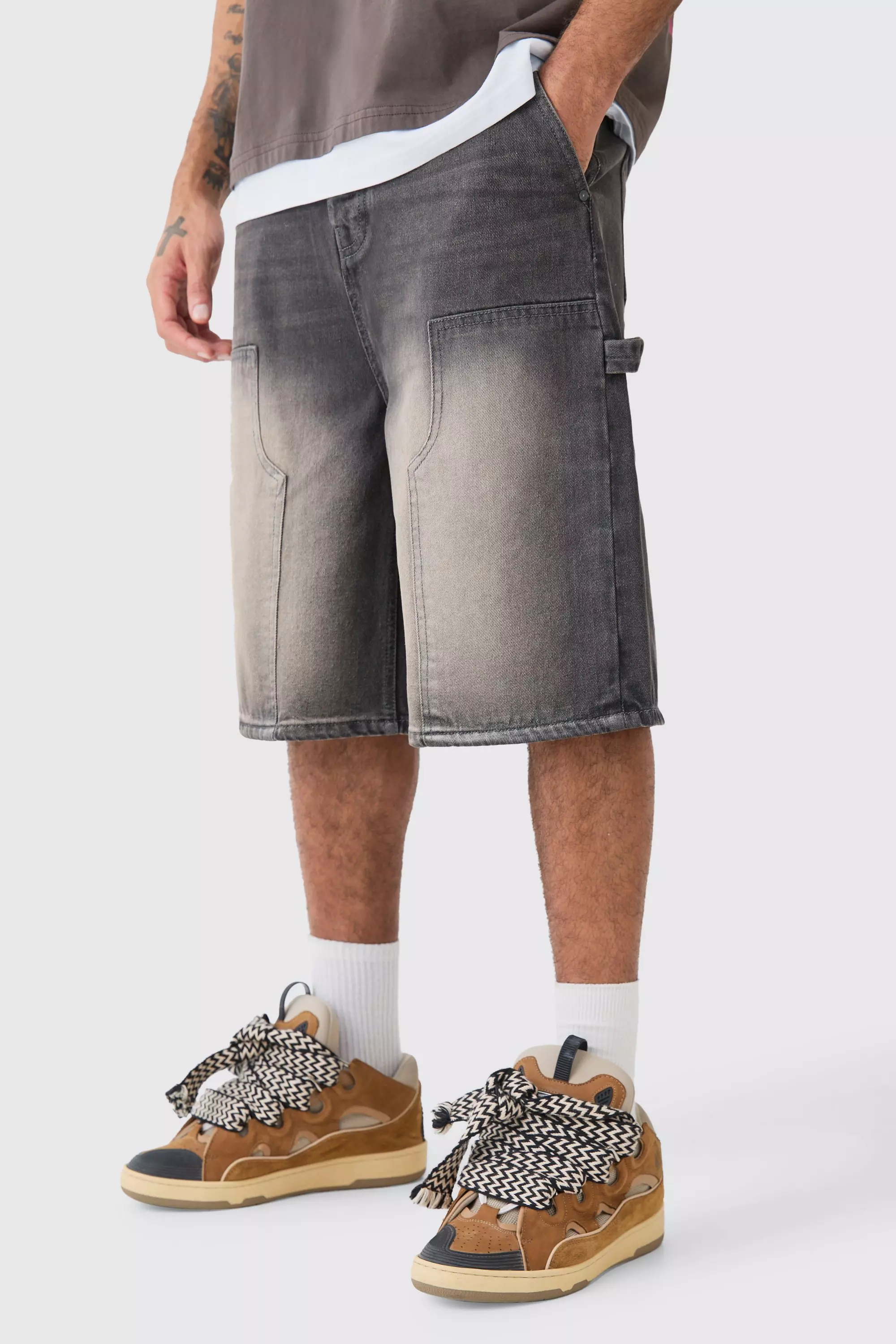 Grey Carpenter Detail Denim Jorts In Antique Grey