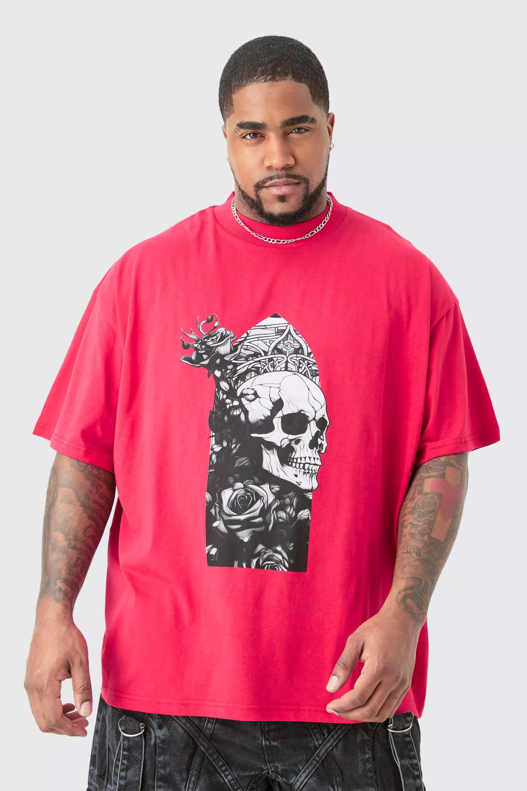Plus Oversized Extended Neck Skull T-shirt Red