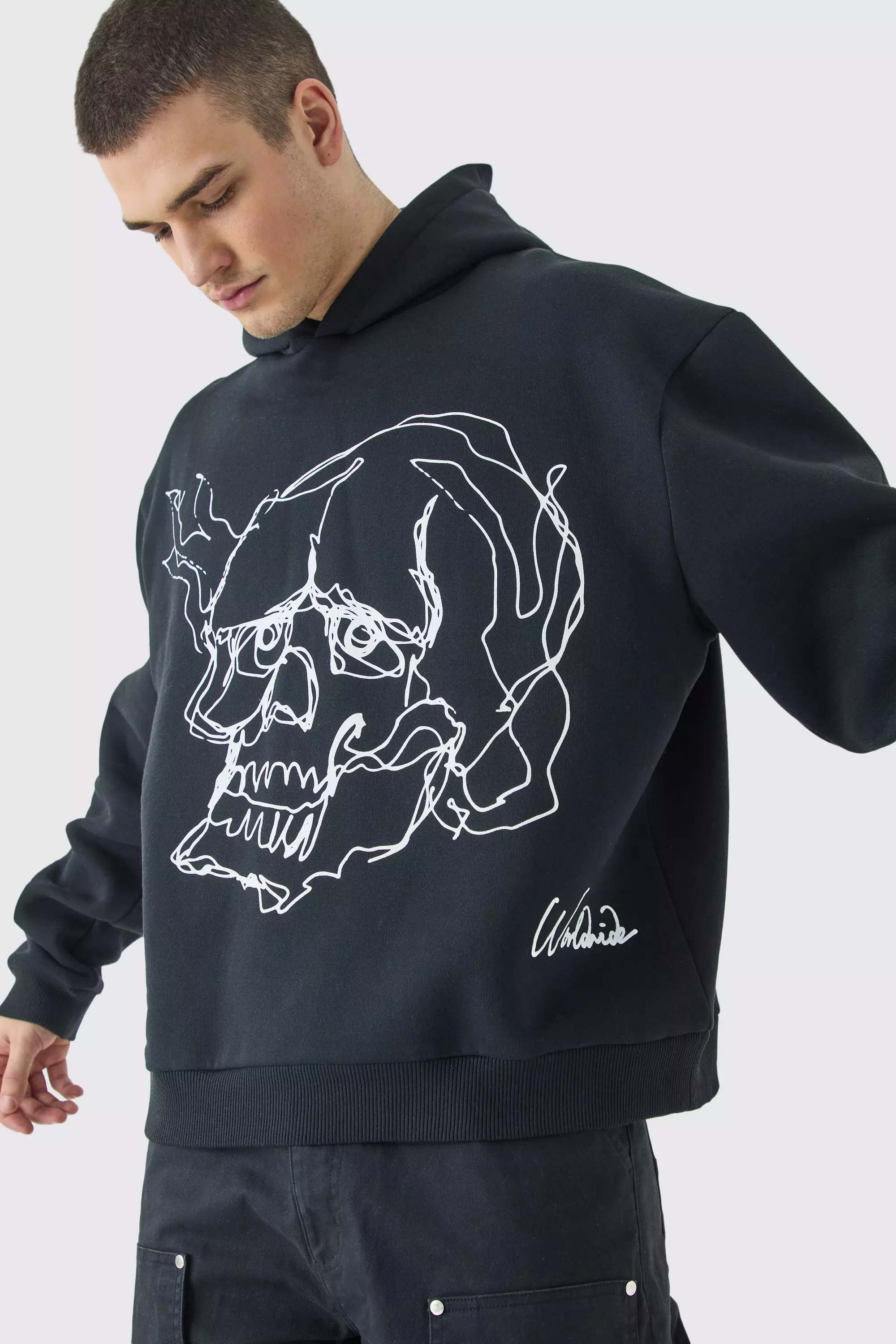 Tall Oversized Boxy Skull Line Drawing Hoodie Black