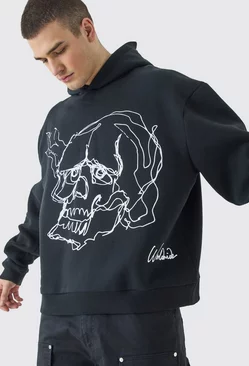 Tall Oversized Boxy Skull Line Drawing Hoodie Black