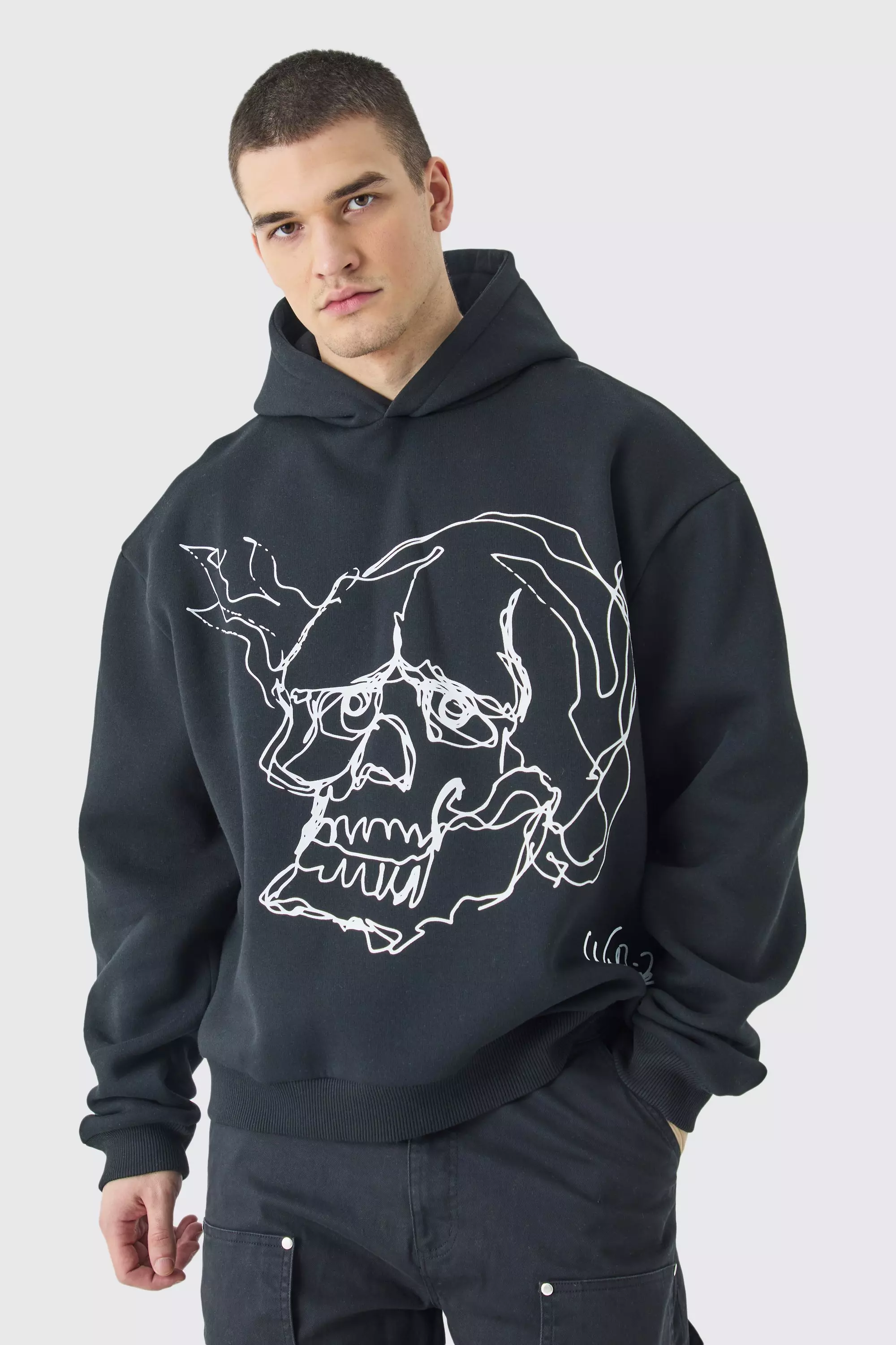 Black Tall Oversized Boxy Skull Line Drawing Hoodie alternative image