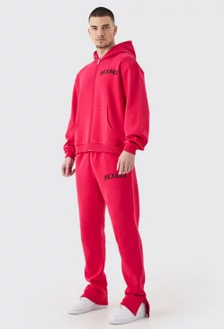 Tall Oversized Boxy Zip Thru Gothic Hooded Tracksuit Red