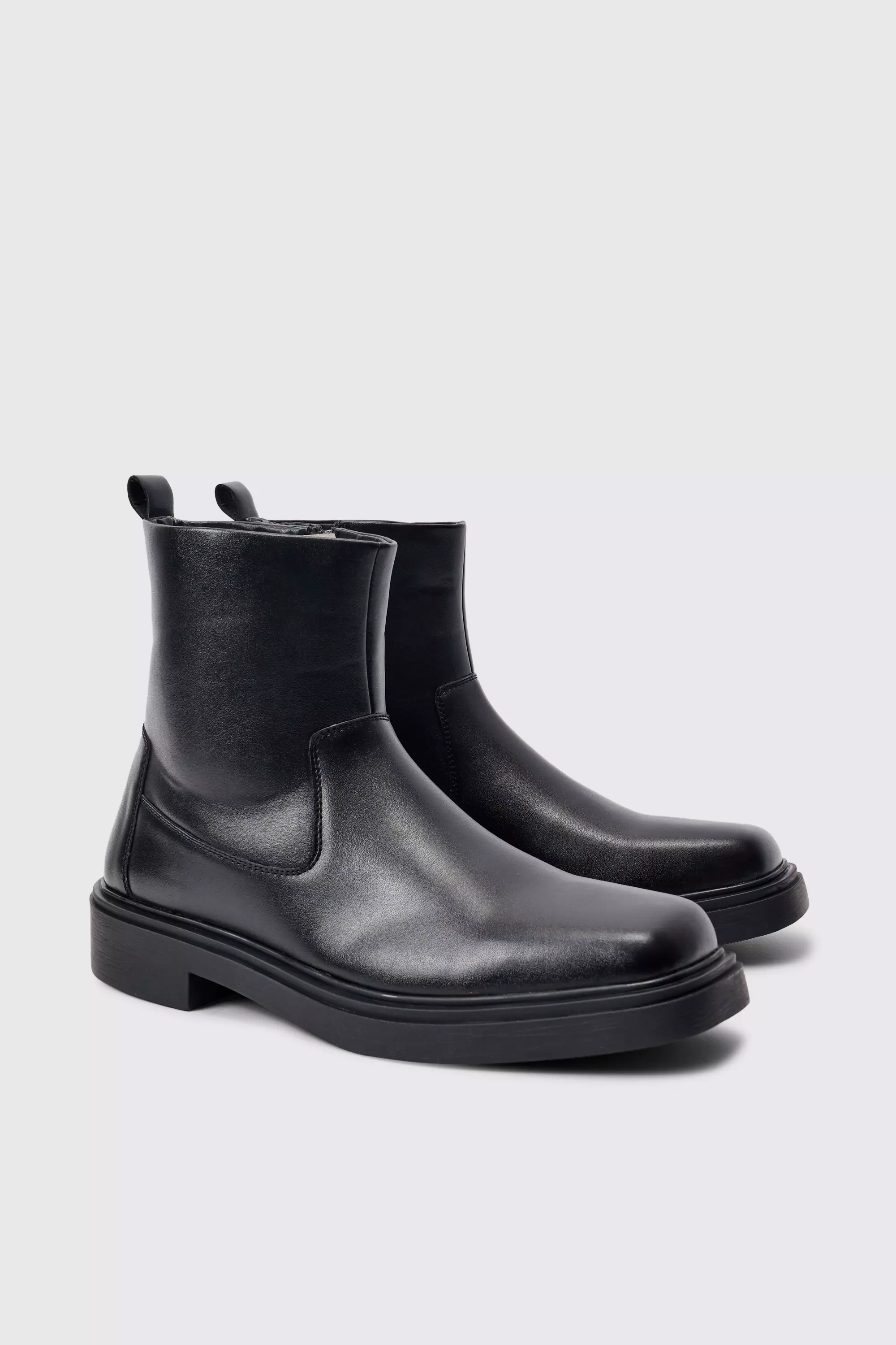 Black Pu Square Toe Zip Up Boot In Black