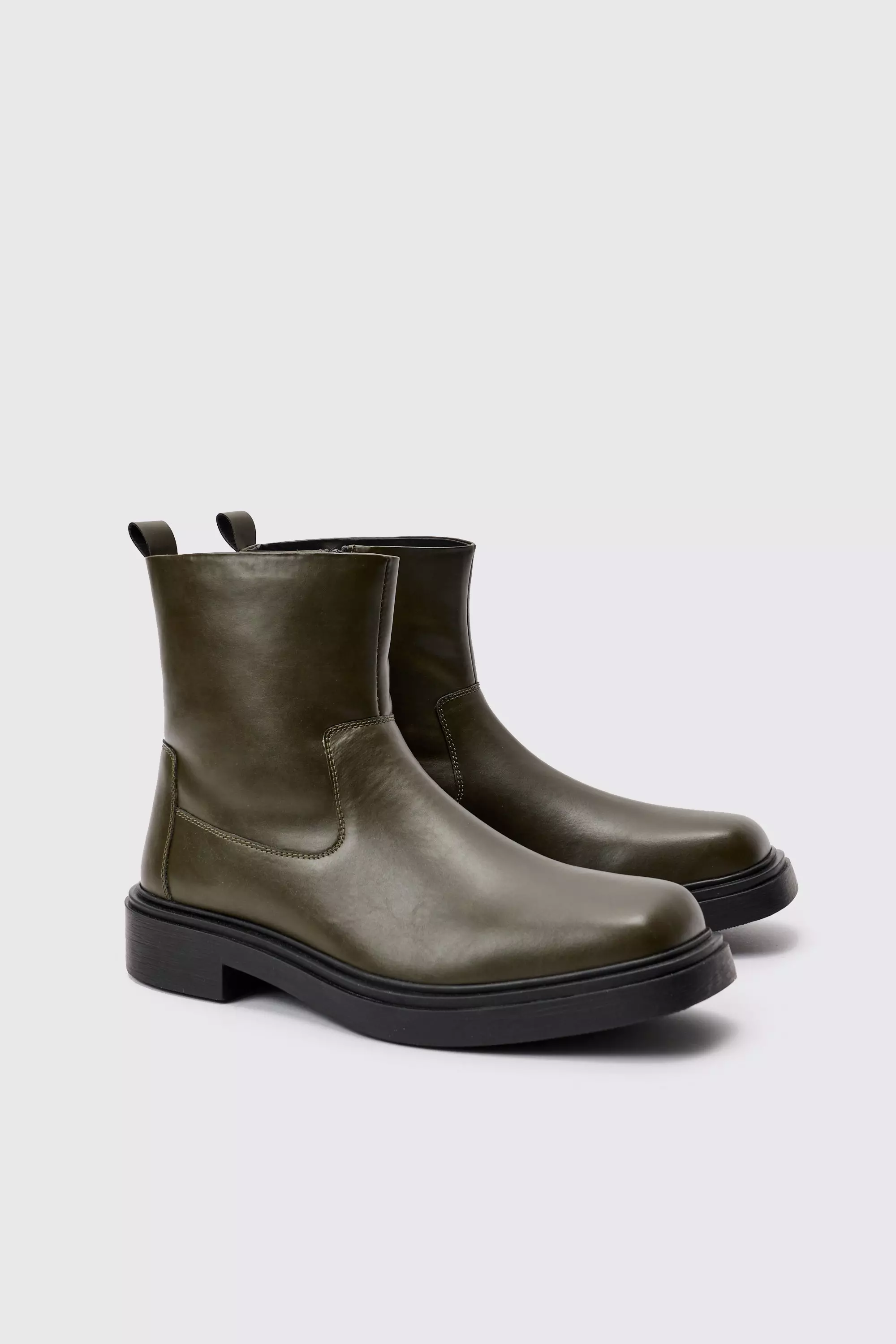 PU Square Toe Zip Up Boot In Green Green