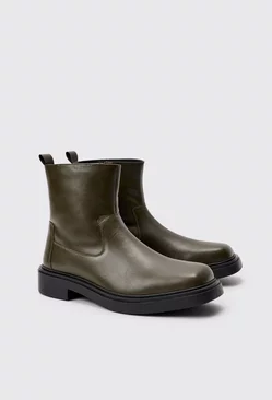 Pu Square Toe Zip Up Boot In Green Green
