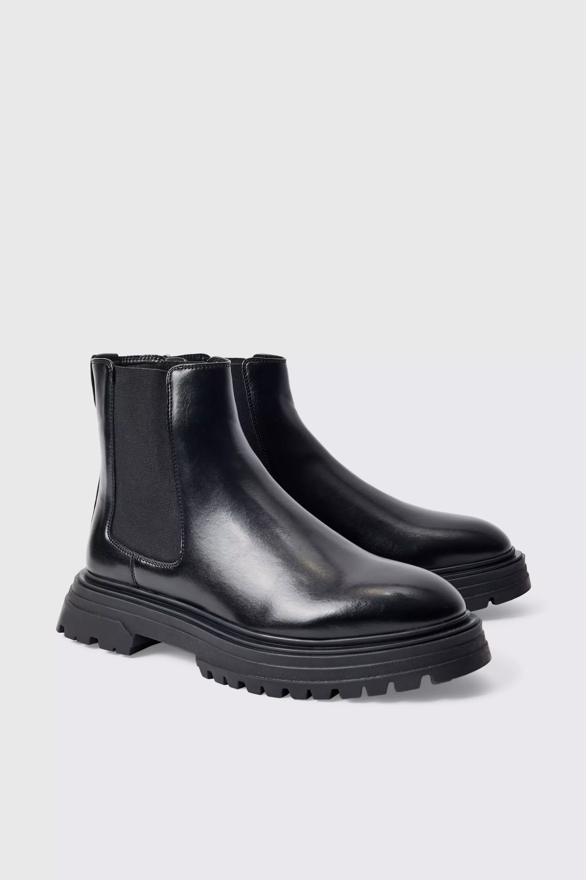 Black Pu Chunky Sole Chelsea Boot In Black