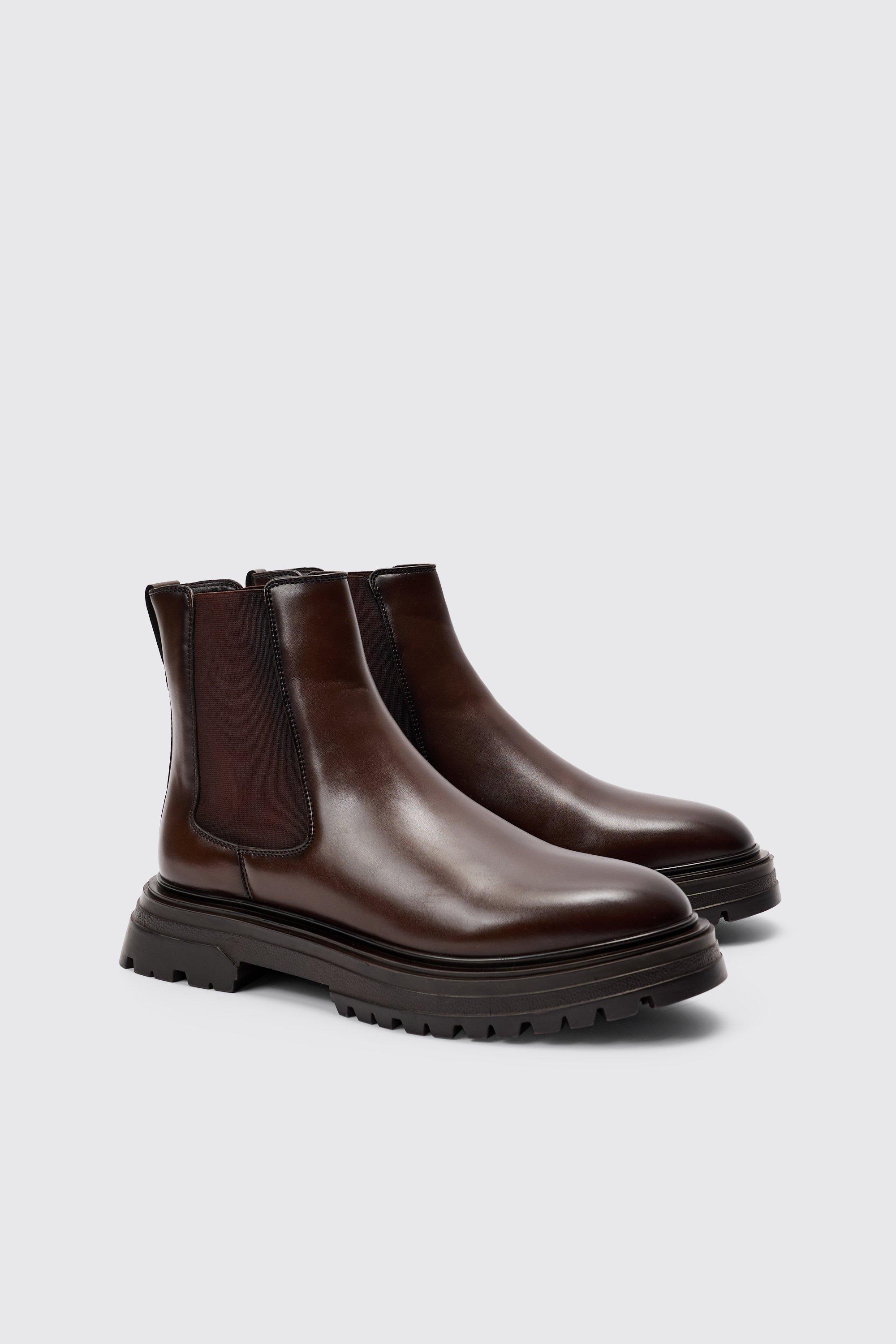 PU Chunky Sole Chelsea Boot In Brown boohooMAN USA