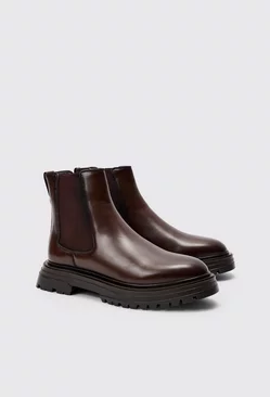 Brown Pu Chunky Sole Chelsea Boot In Brown