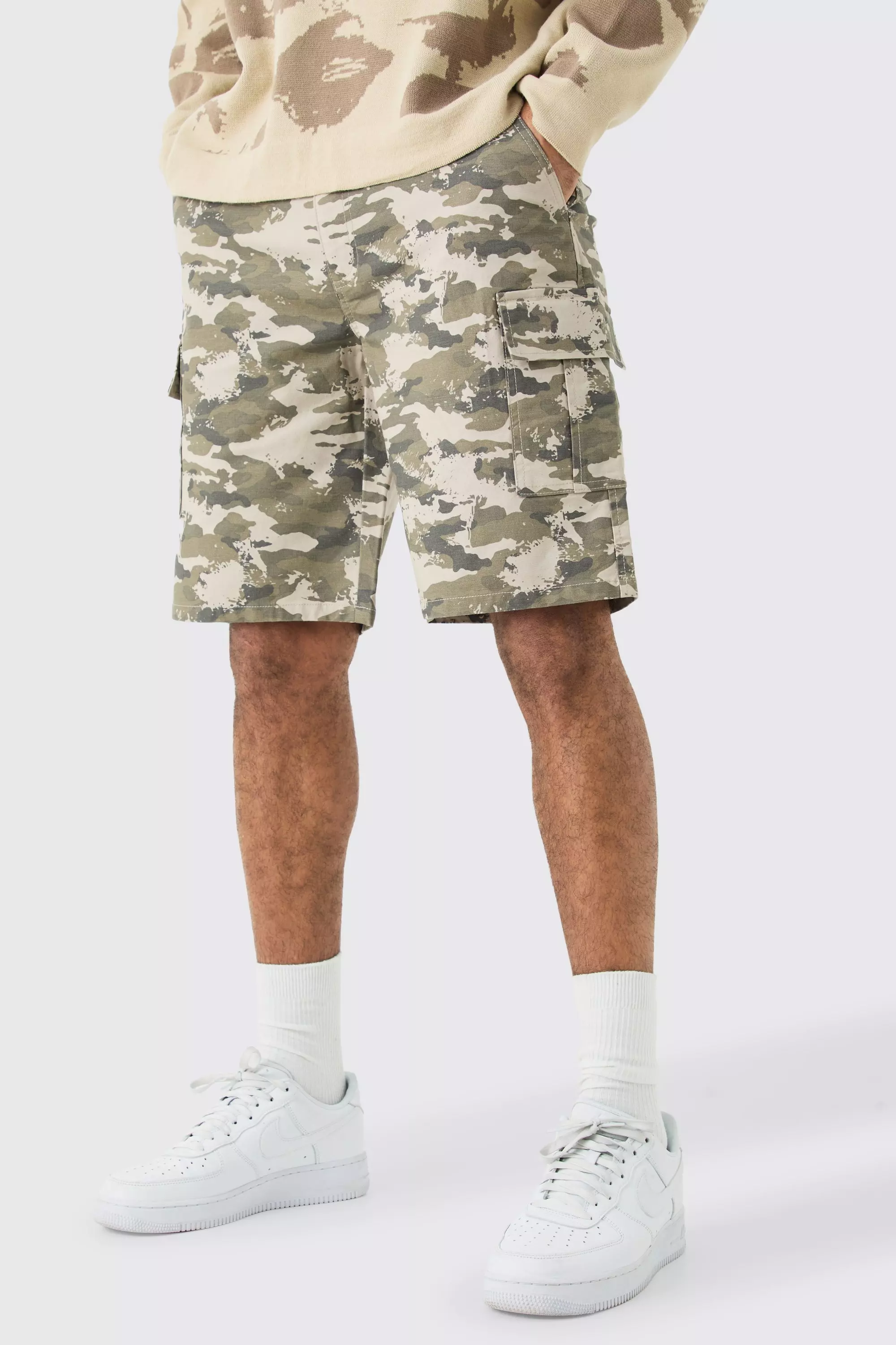 Washed Camo Fixed Waist Straight Cargo Shorts Grey