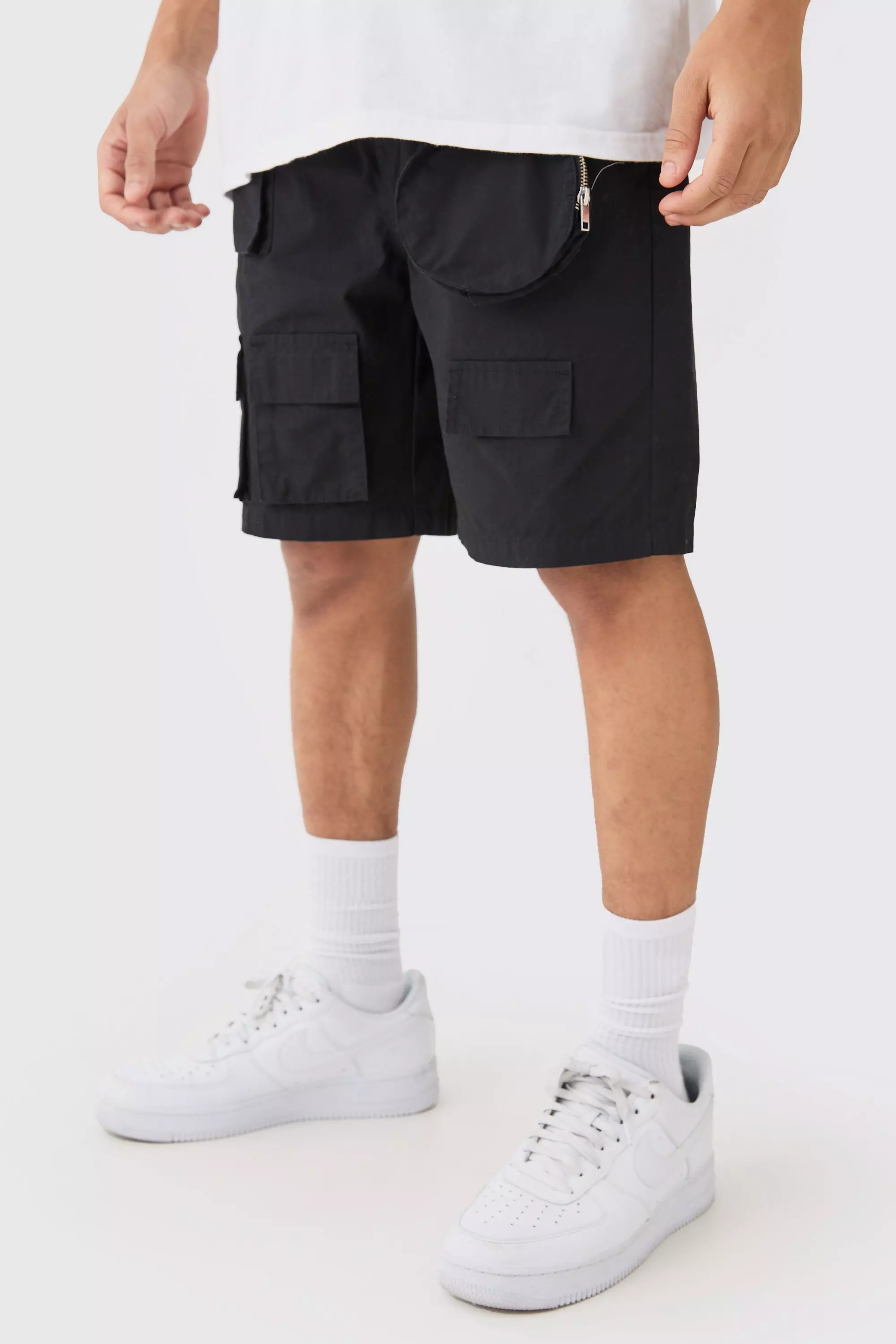 Nylon Detachable Bag Multi Cargo Pocket Shorts Black