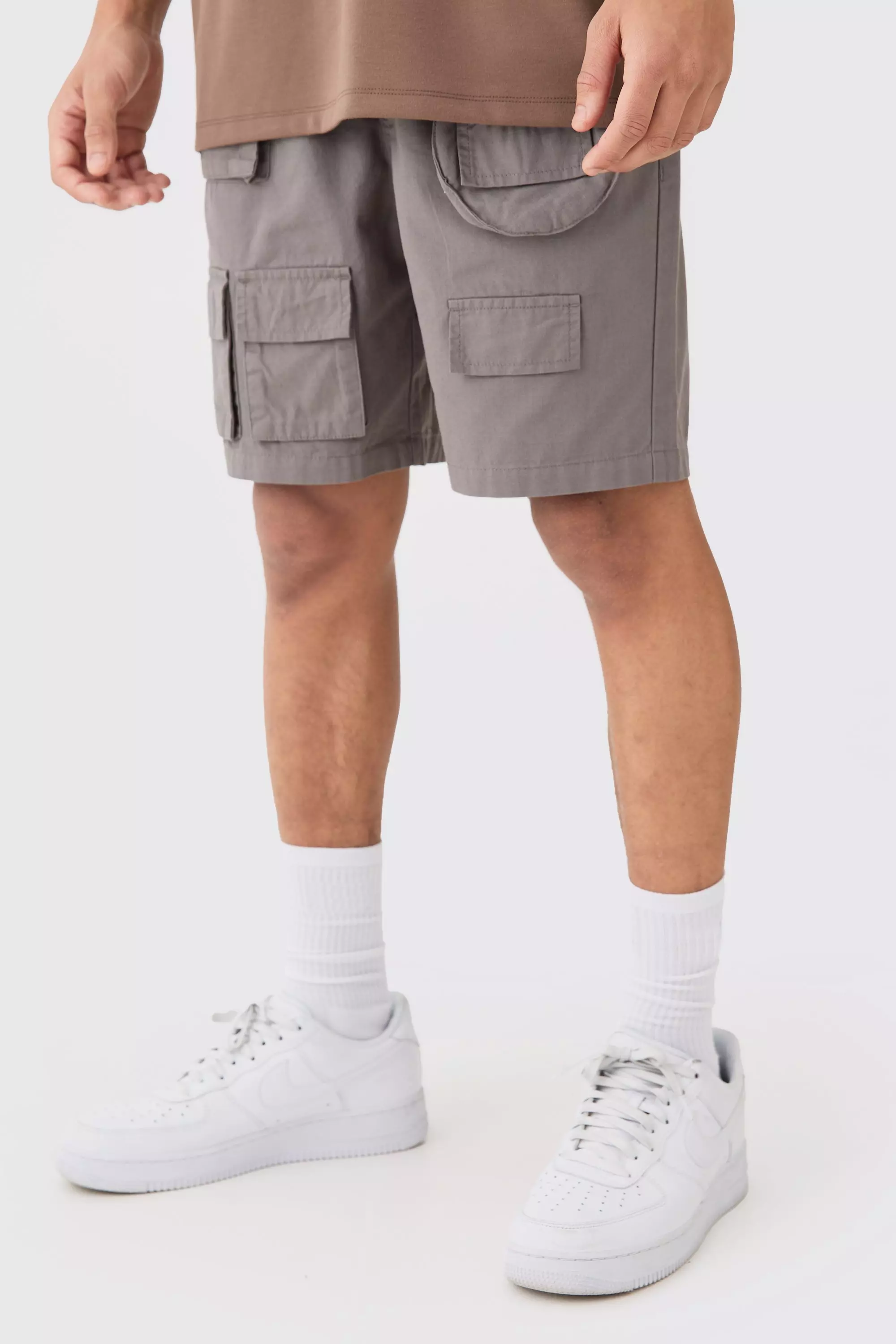 Elasticated Waist Detachable Bag Multi Cargo Pocket Shorts Charcoal