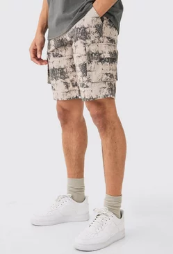 Grey Blurred Camo Fixed Waist Skinny Cargo Shorts