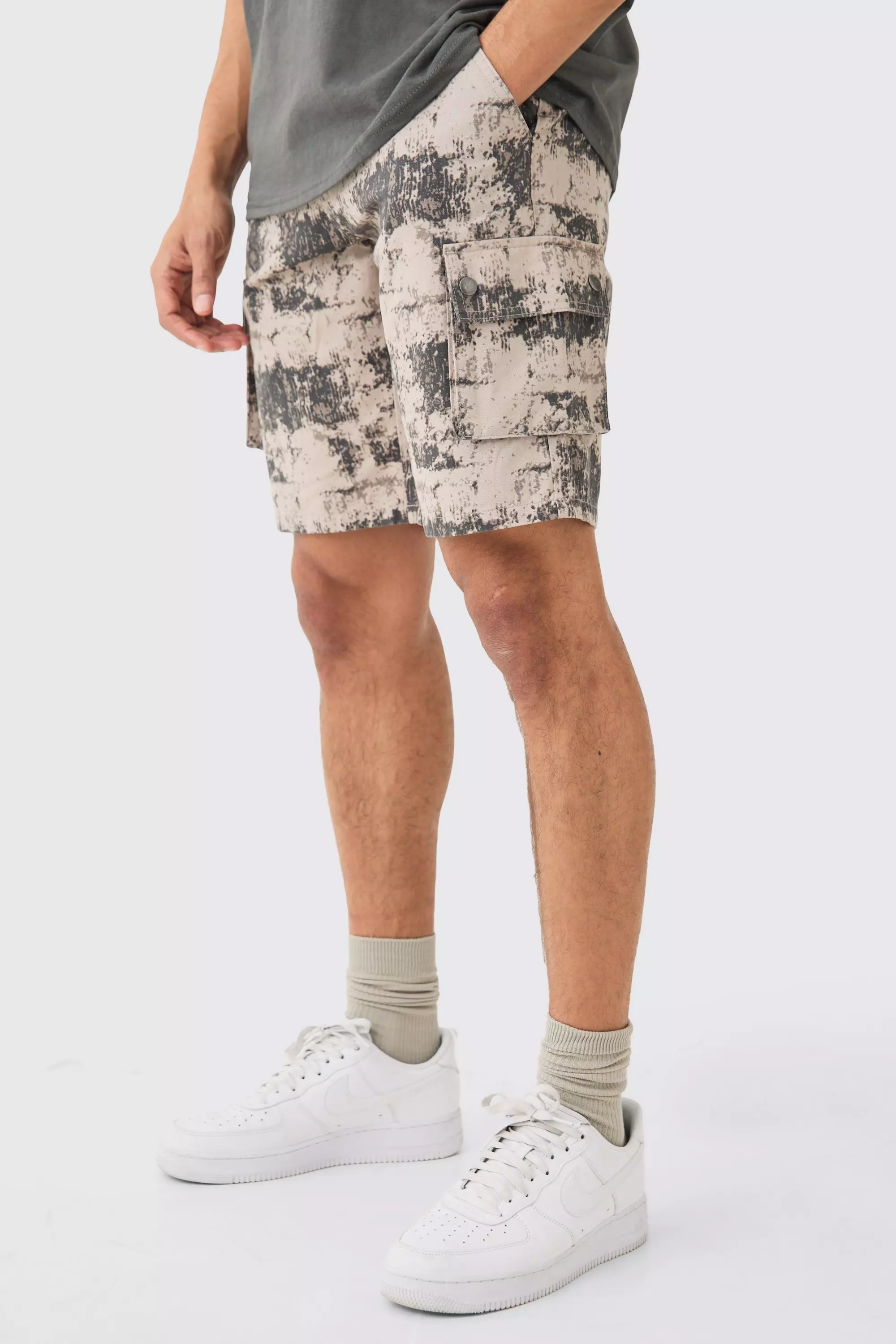 Grey Blurred Camo Fixed Waist Skinny Cargo Shorts