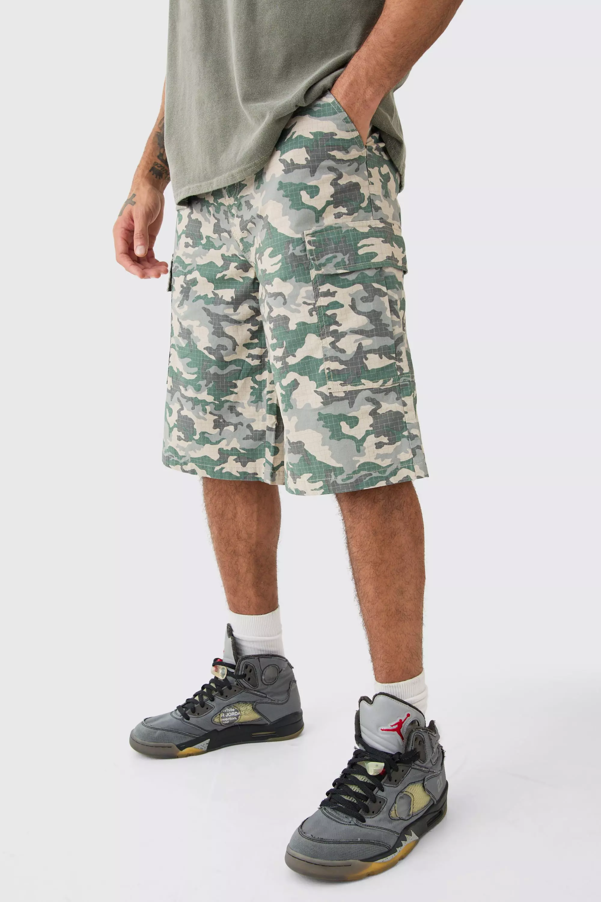 Fixed Waist Woven Tab Ripstop Camo Jorts Khaki