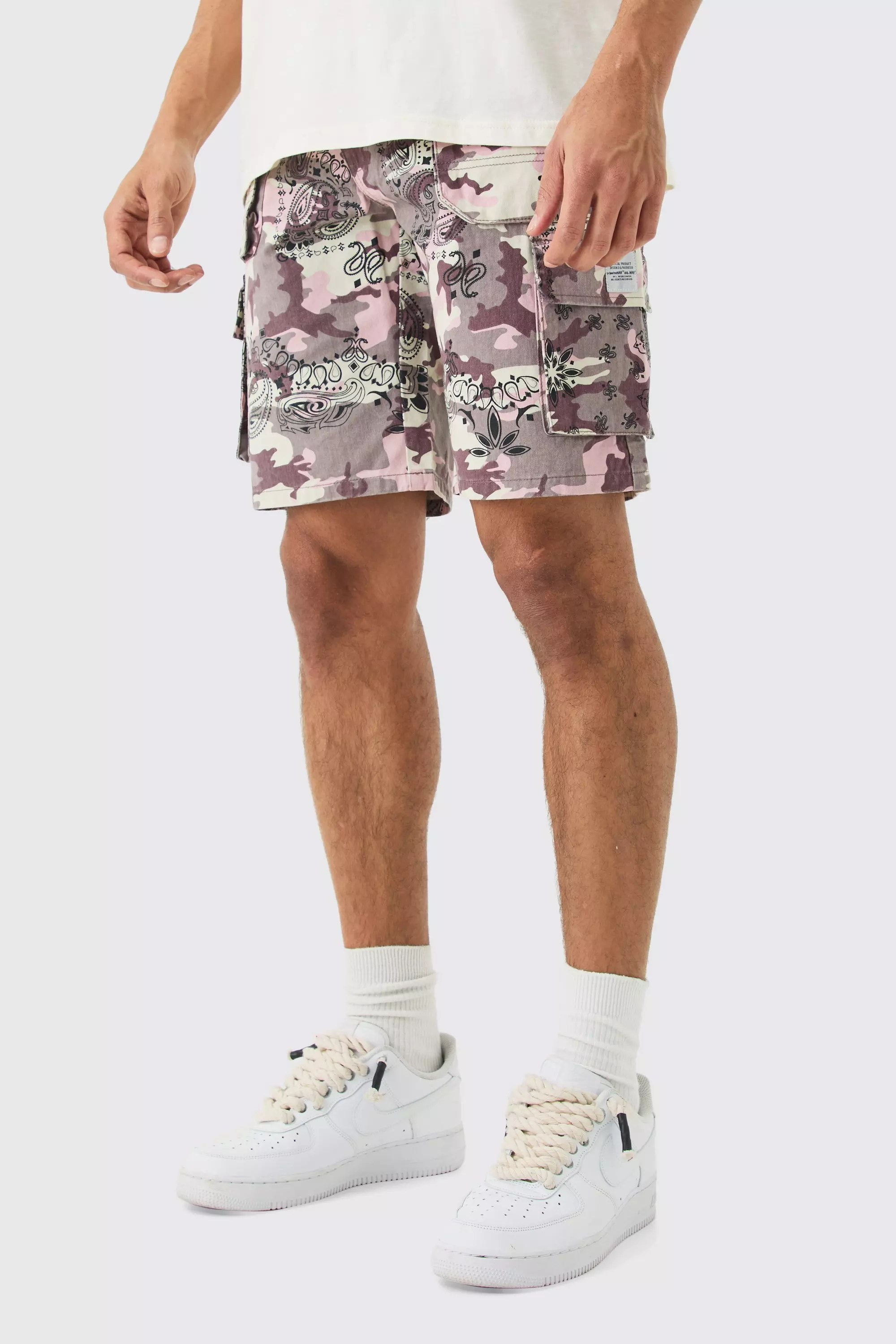 Fixed Waist Woven Tab Bandanna Camo Relaxed Cargo Shorts Taupe