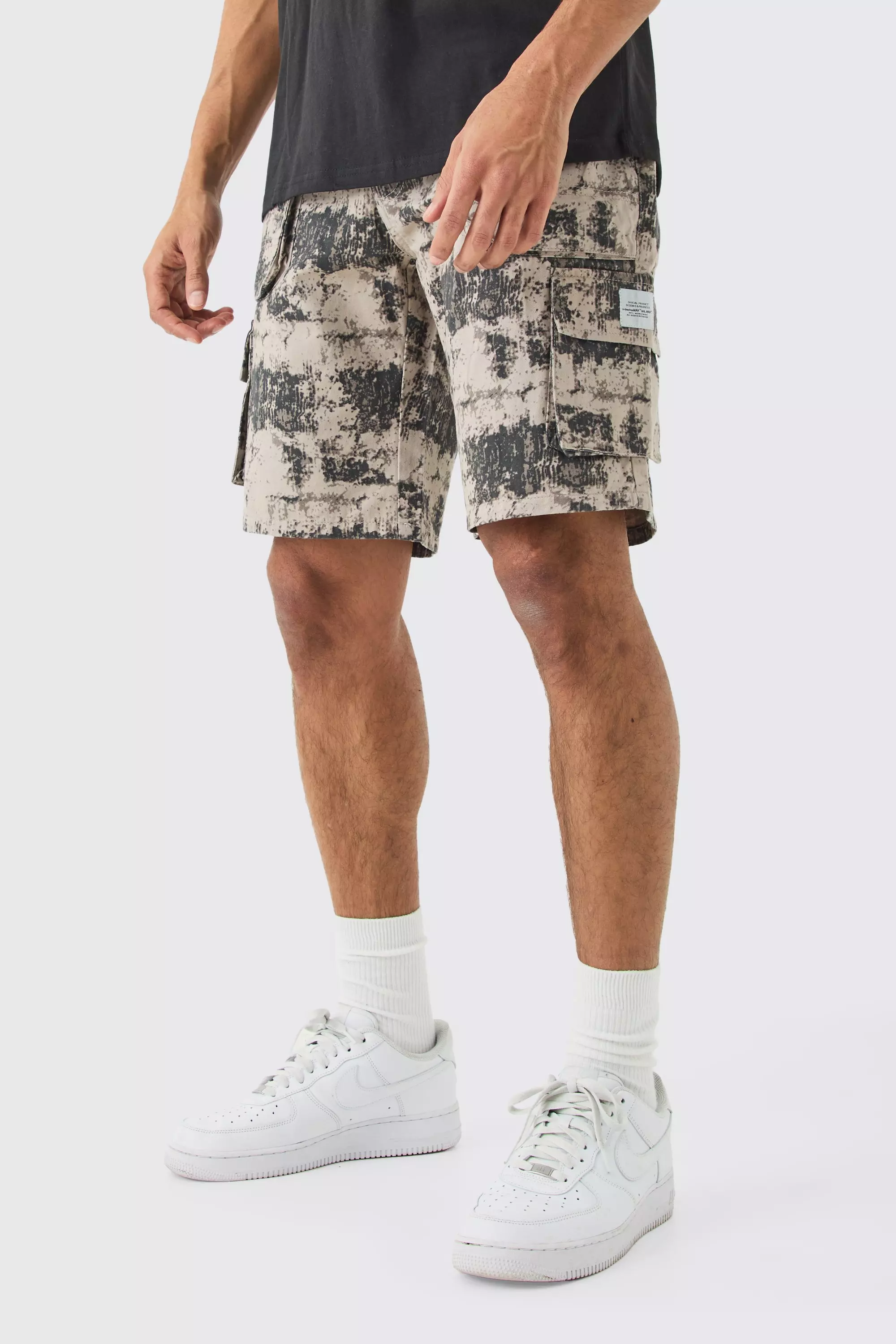 Fixed Waist Woven Tab Blurred Camo Relaxed Cargo Shorts Grey