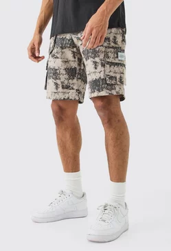 Grey Woven Tab Blurred Camo Relaxed Cargo Shorts