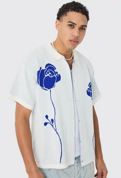 White Boxy Jacquard Knit Rose Detail Shirt In Marl White