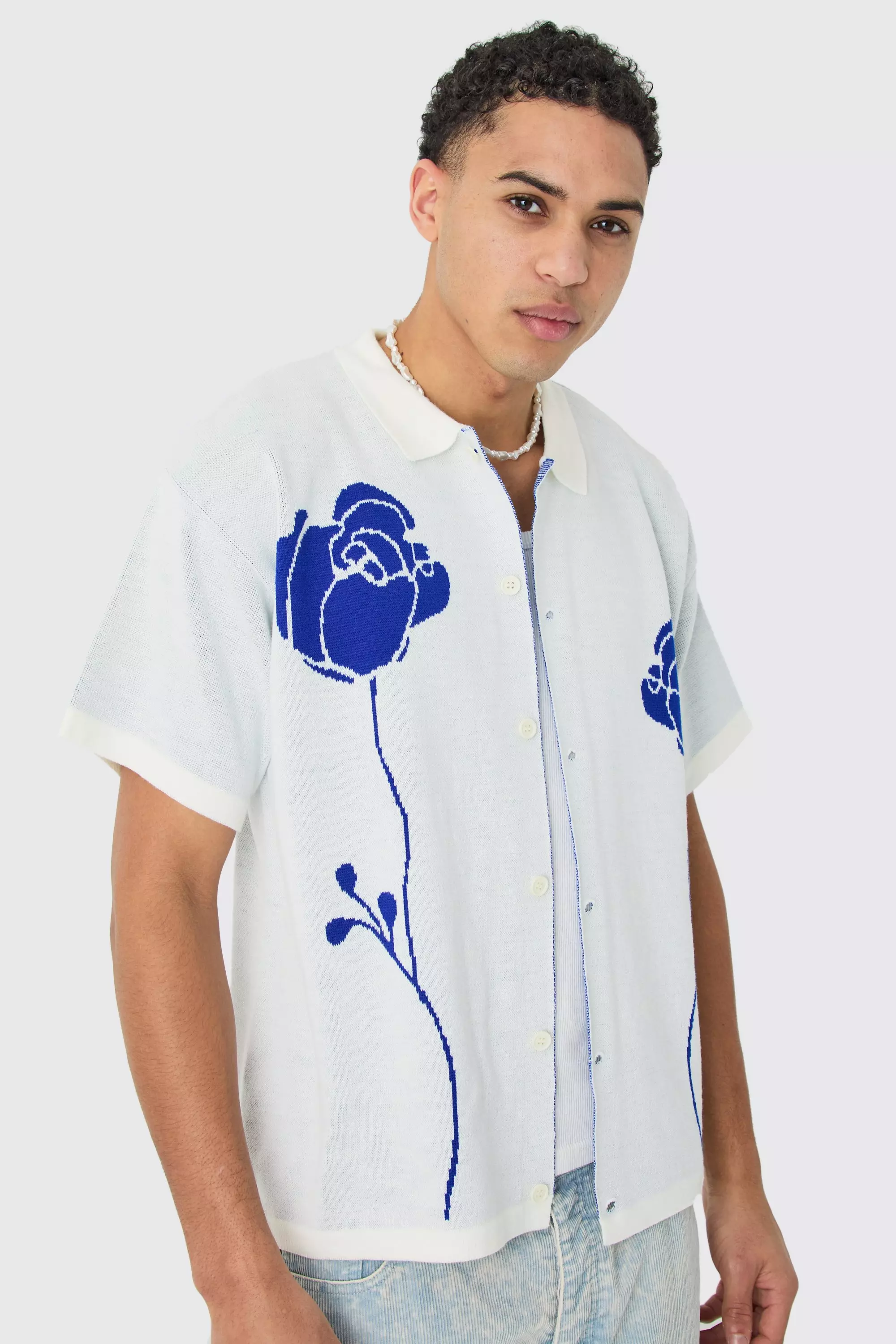 White Boxy Jacquard Knit Rose Detail Shirt In Marl White
