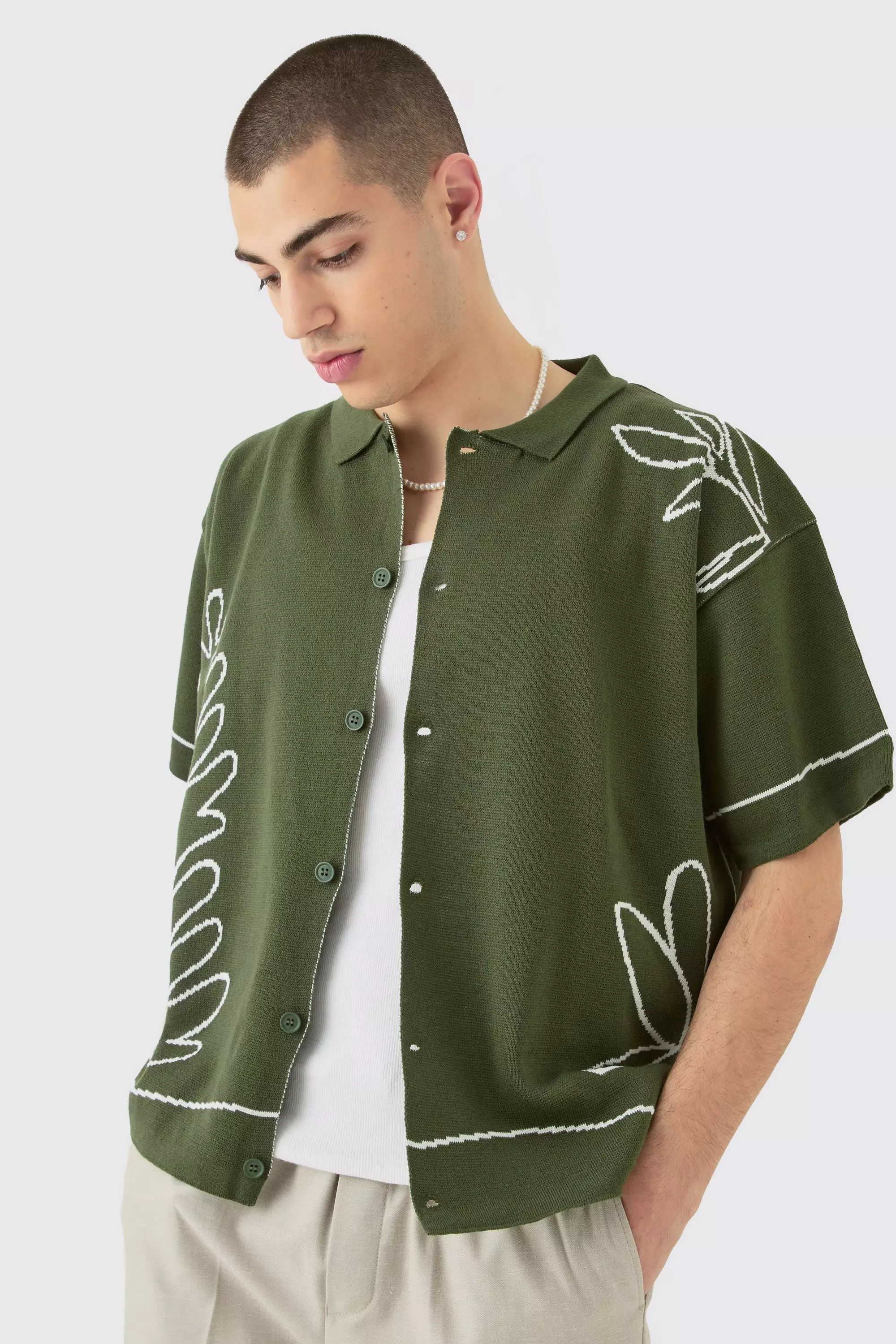 Boxy Jacquard Knit Abstract Detail Shirt In Olive | boohooMAN USA