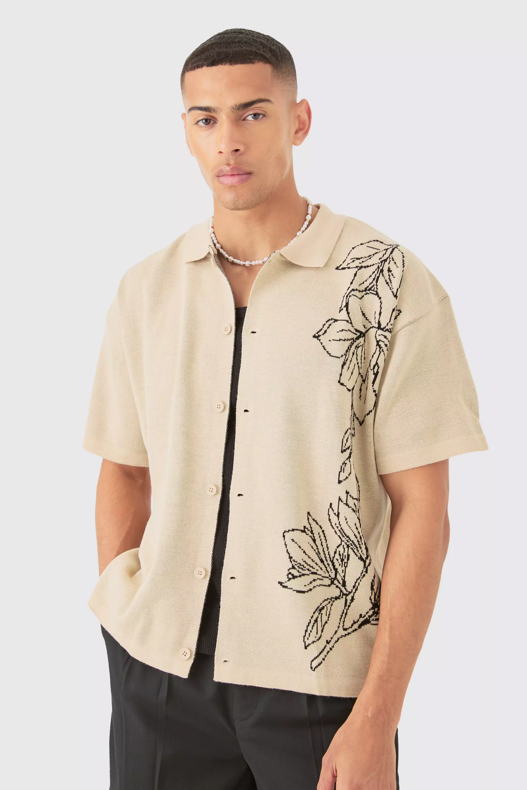 Boxy Jacquard Knit Floral Detail Shirt In Stone Stone