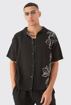 Boxy Jacquard Knit Floral Detail Shirt In Black Black