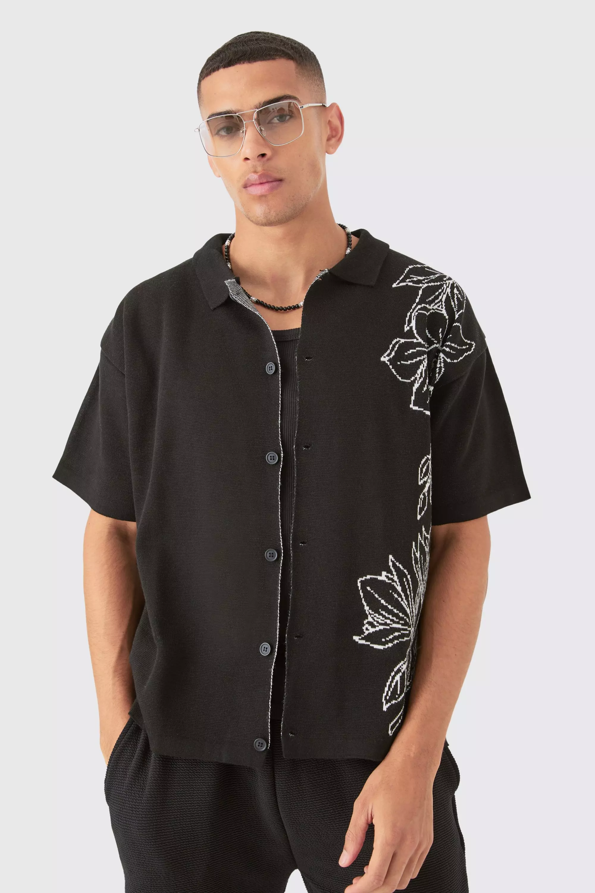 Boxy Jacquard Knit Floral Detail Shirt In Black Black