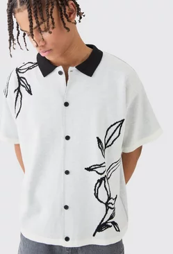 Boxy Jacquard Knit Floral Detail Shirt In White White