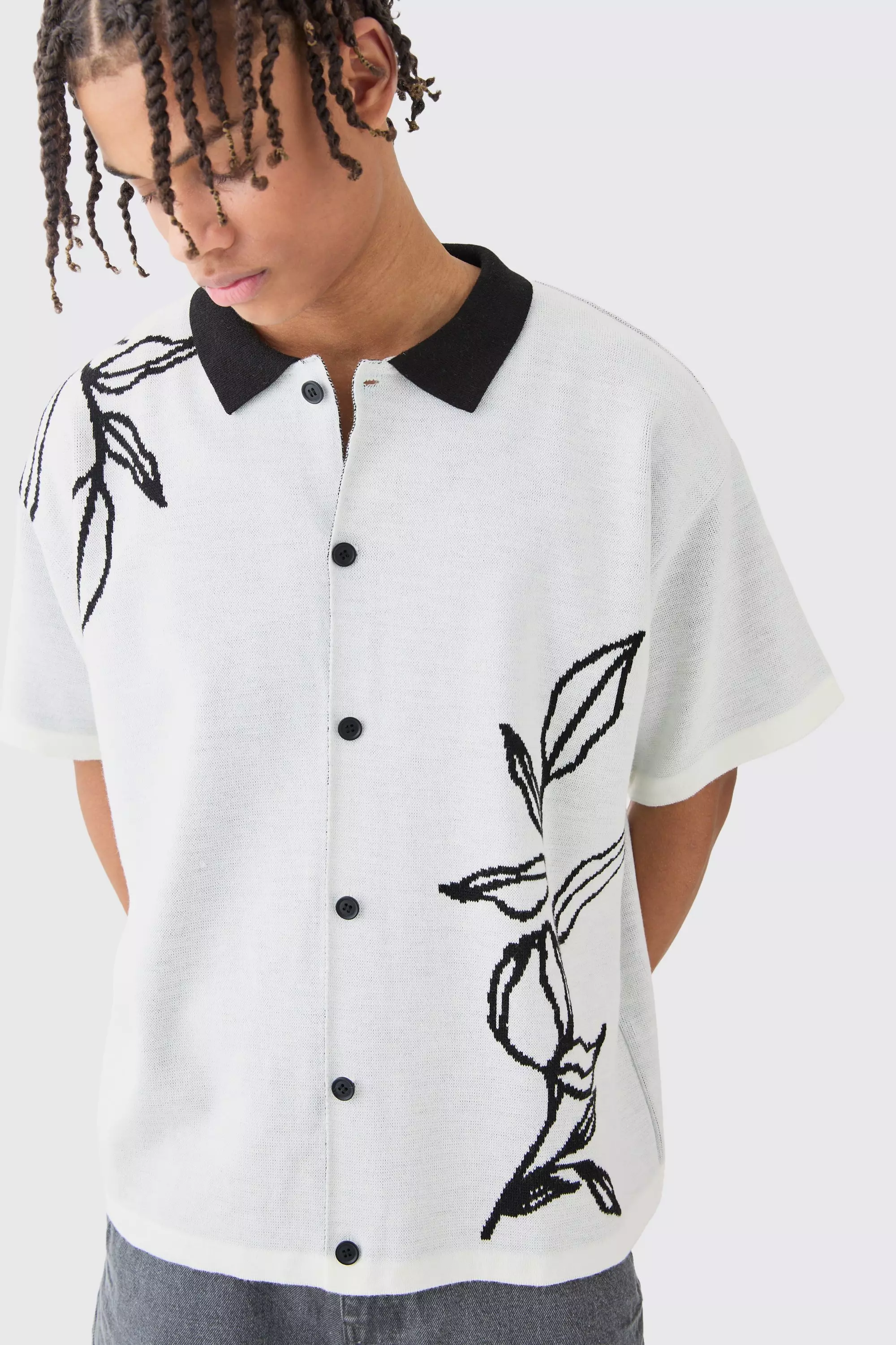 Boxy Jacquard Knit Floral Detail Shirt In White White