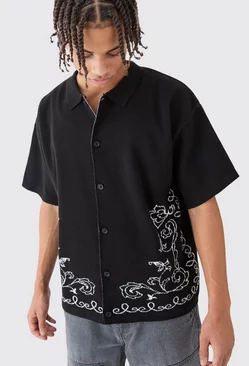 Boxy Jacquard Knit Abstract Detail Shirt In Black Black