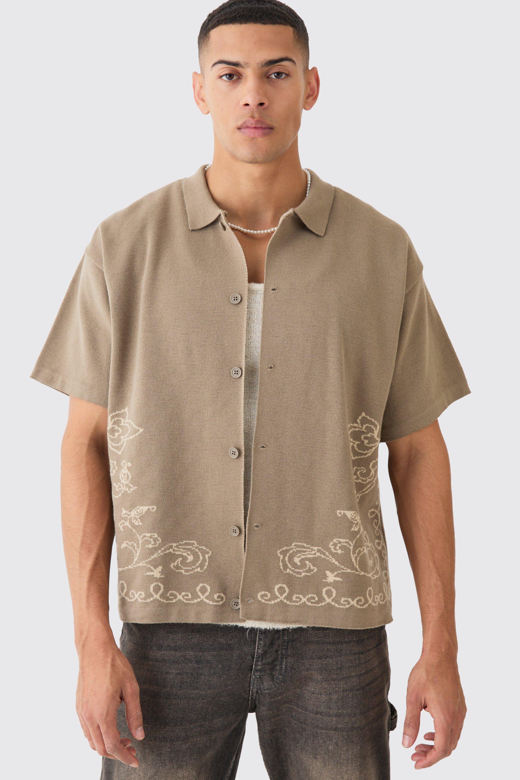 Boxy Jacquard Knit Abstract Detail Shirt In Taupe | boohooMAN USA