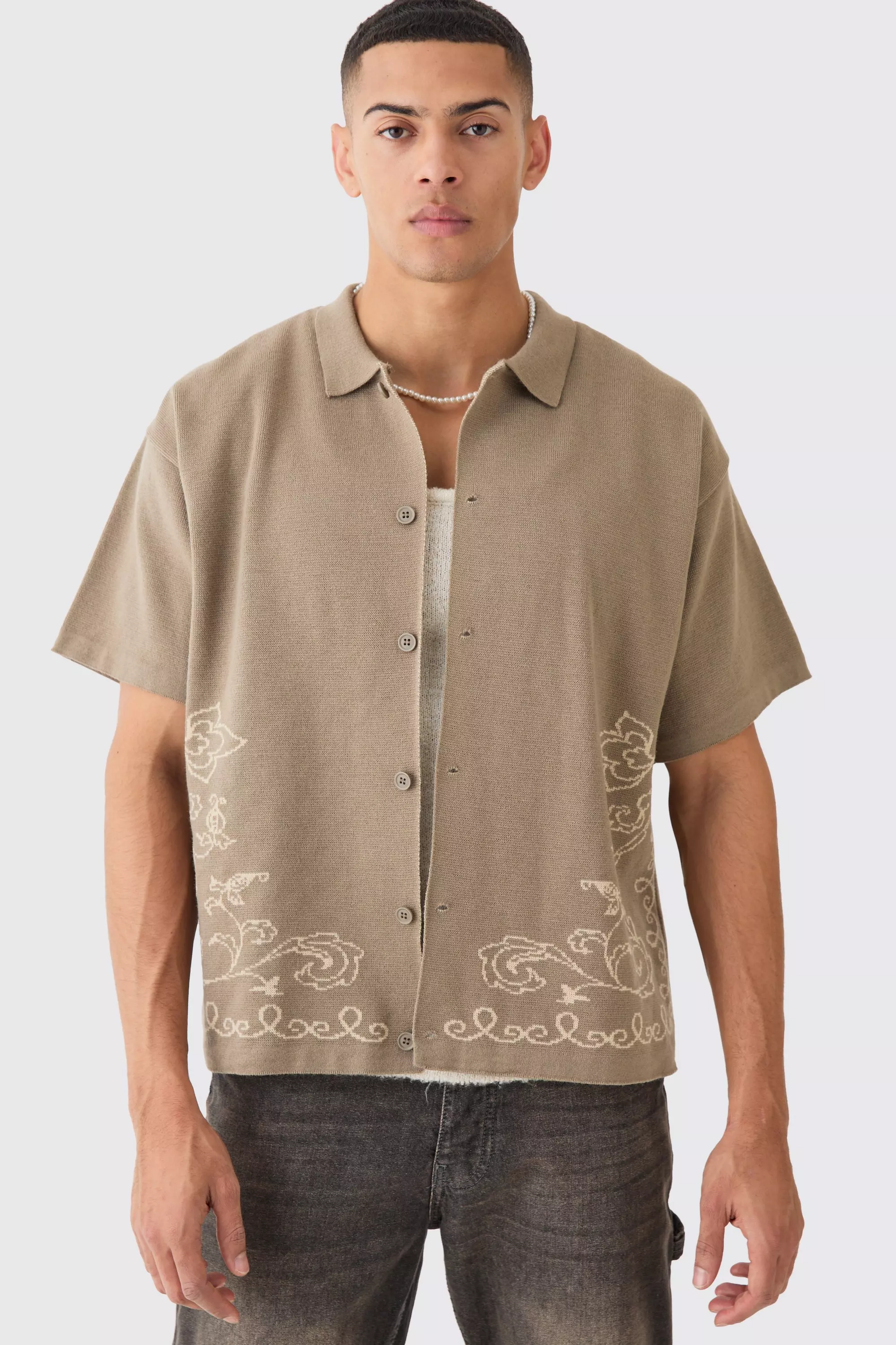 Boxy Jacquard Knit Abstract Detail Shirt In Taupe Taupe