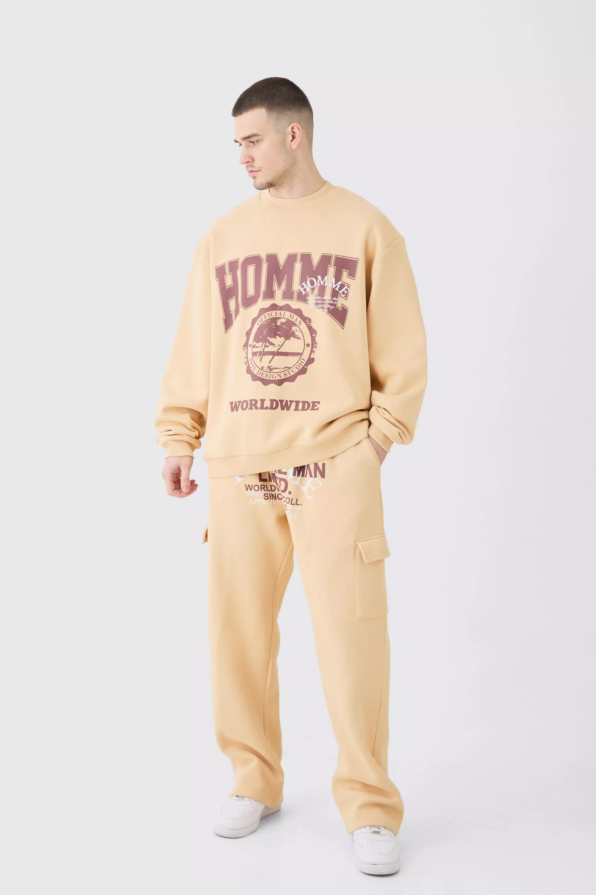 Tall Homme Worldwide Oversized Sweatshirt Tracksuit Sand