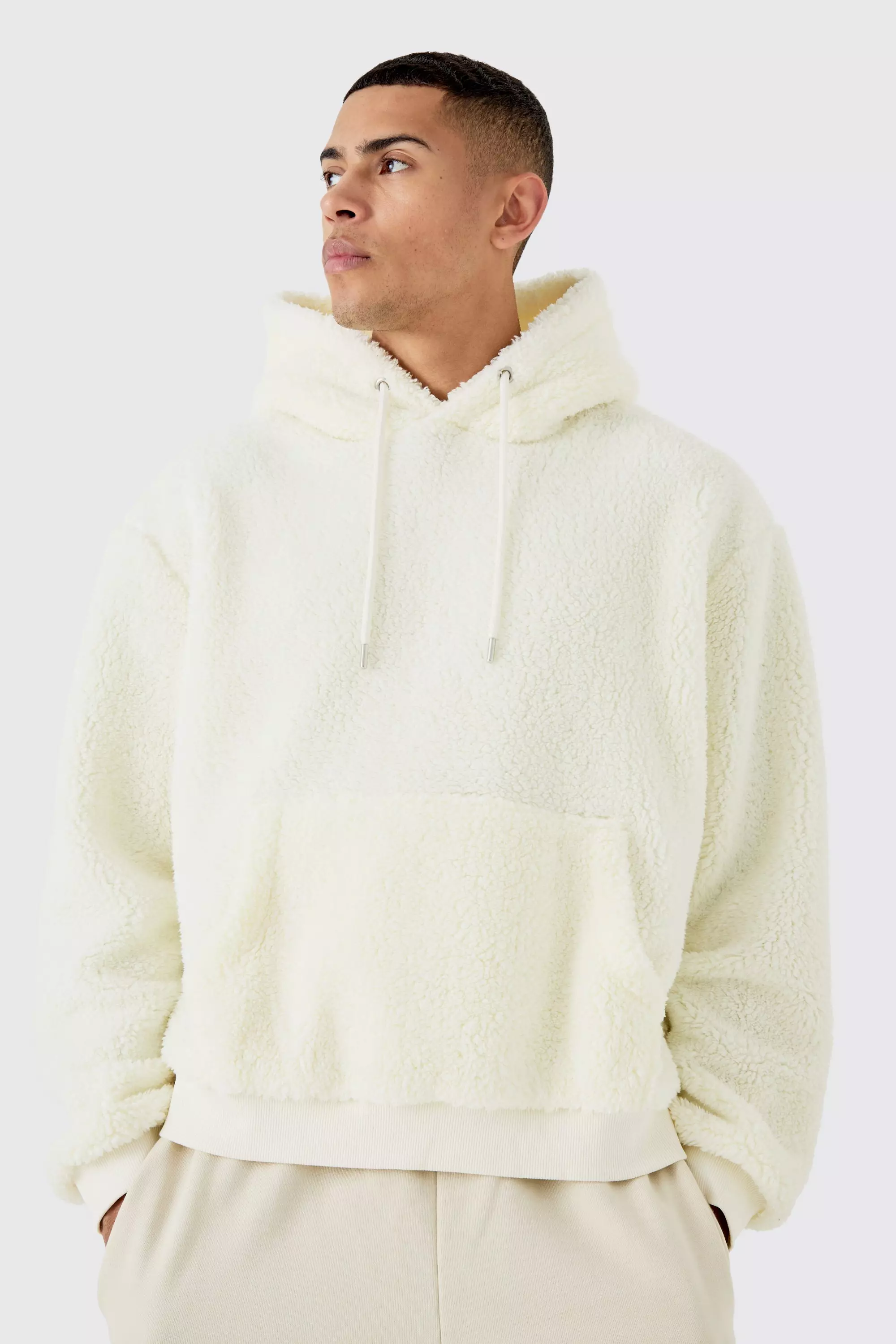 Ecru White Oversized Boxy Borg Over The Head Hoodie