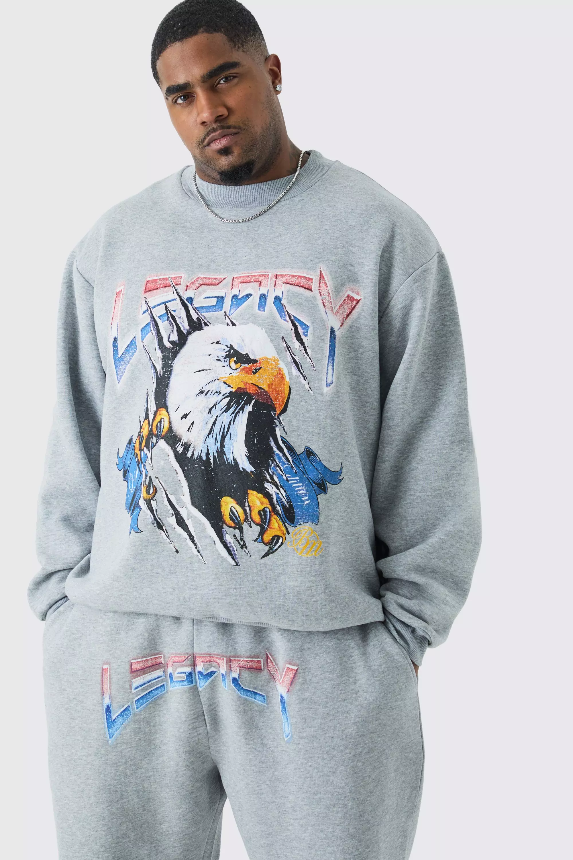 Plus Liberty Eagle Oversized Sweatshirt Tracksuit Grey marl