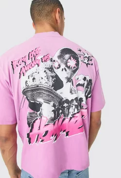 Pink Oversized Boxy Alien Heavyweight Washed T-shirt