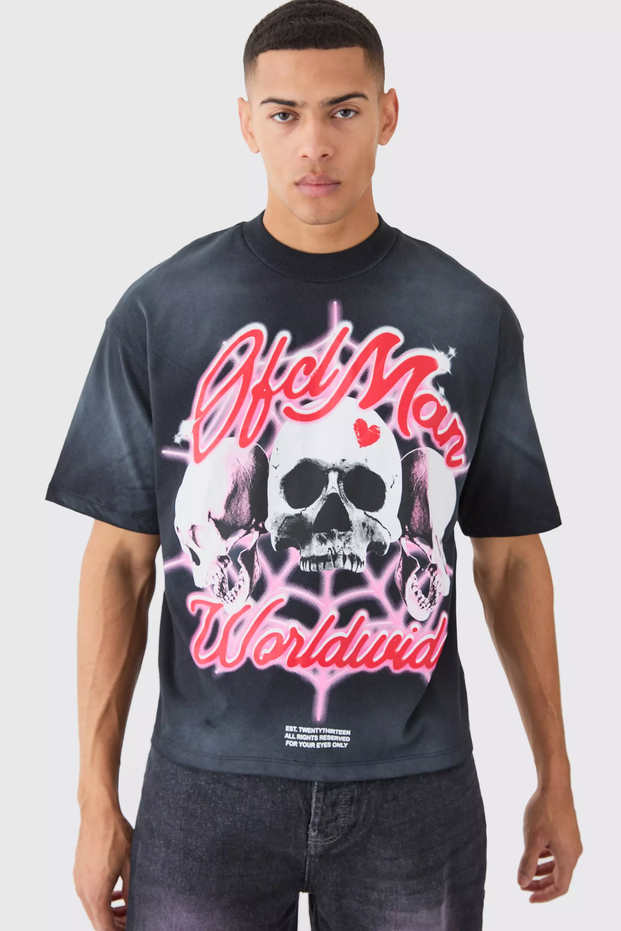 Black Oversized Boxy Skull Graphic Washed Heavyweight T-shirt