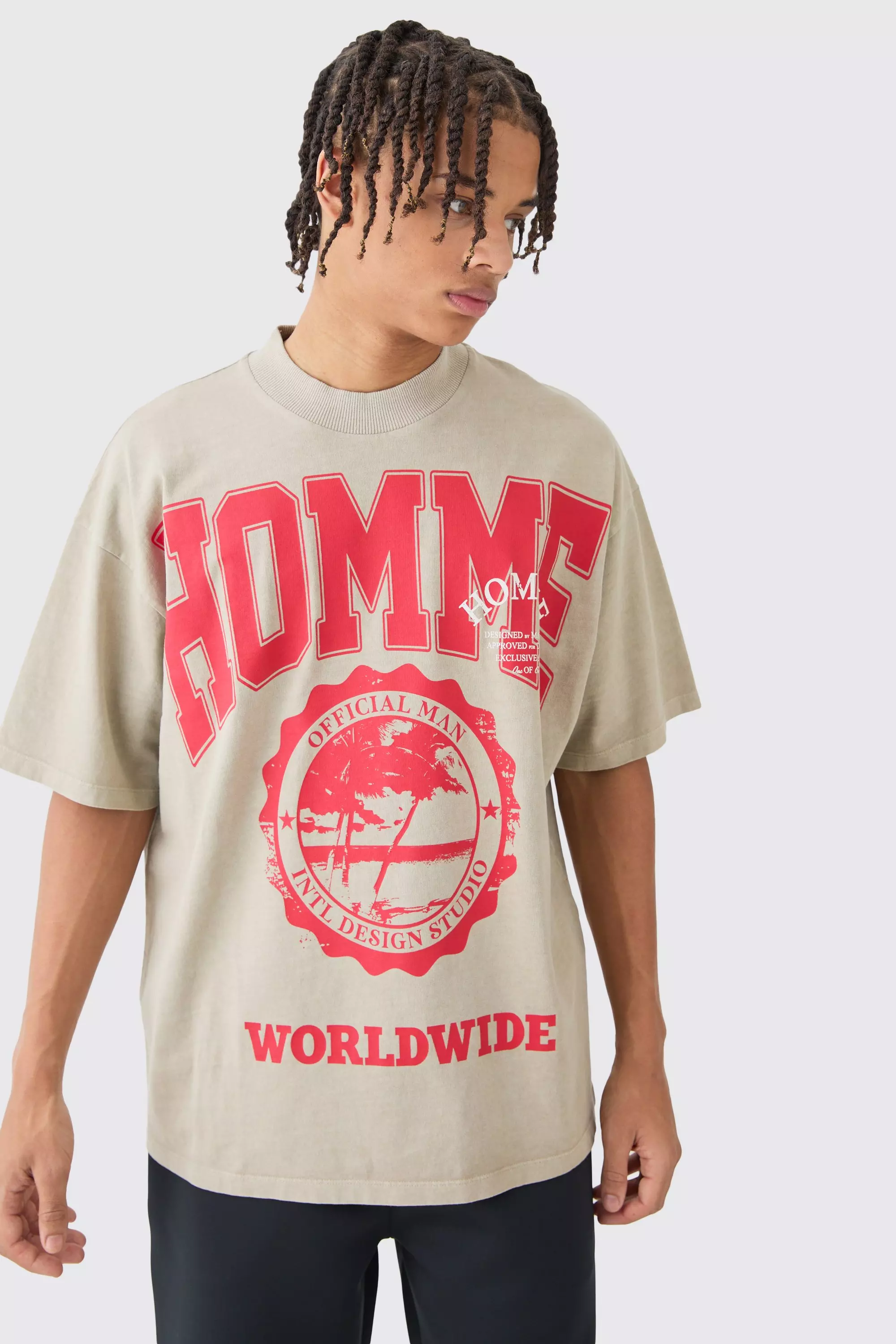 Stone Beige Oversized Homme Graphic Heavyweight T-shirt
