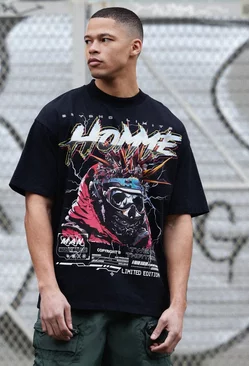 Black Oversized Homme Skull Graphic Heavyweight T-shirt