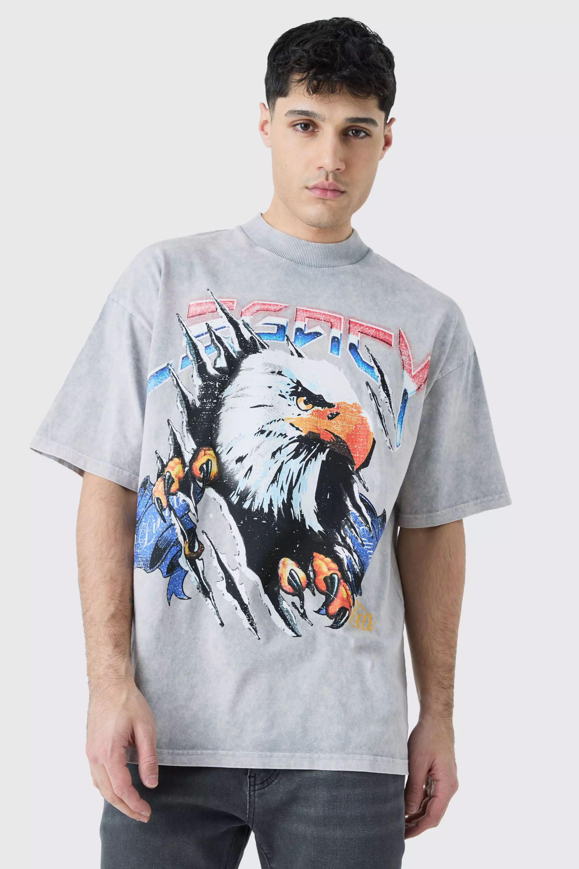 Grey Oversized Eagle Graphic Acid Wash Heavyweight T-shirt