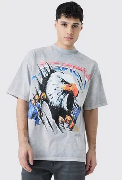 Grey Oversized Eagle Graphic Acid Wash Heavyweight T-shirt