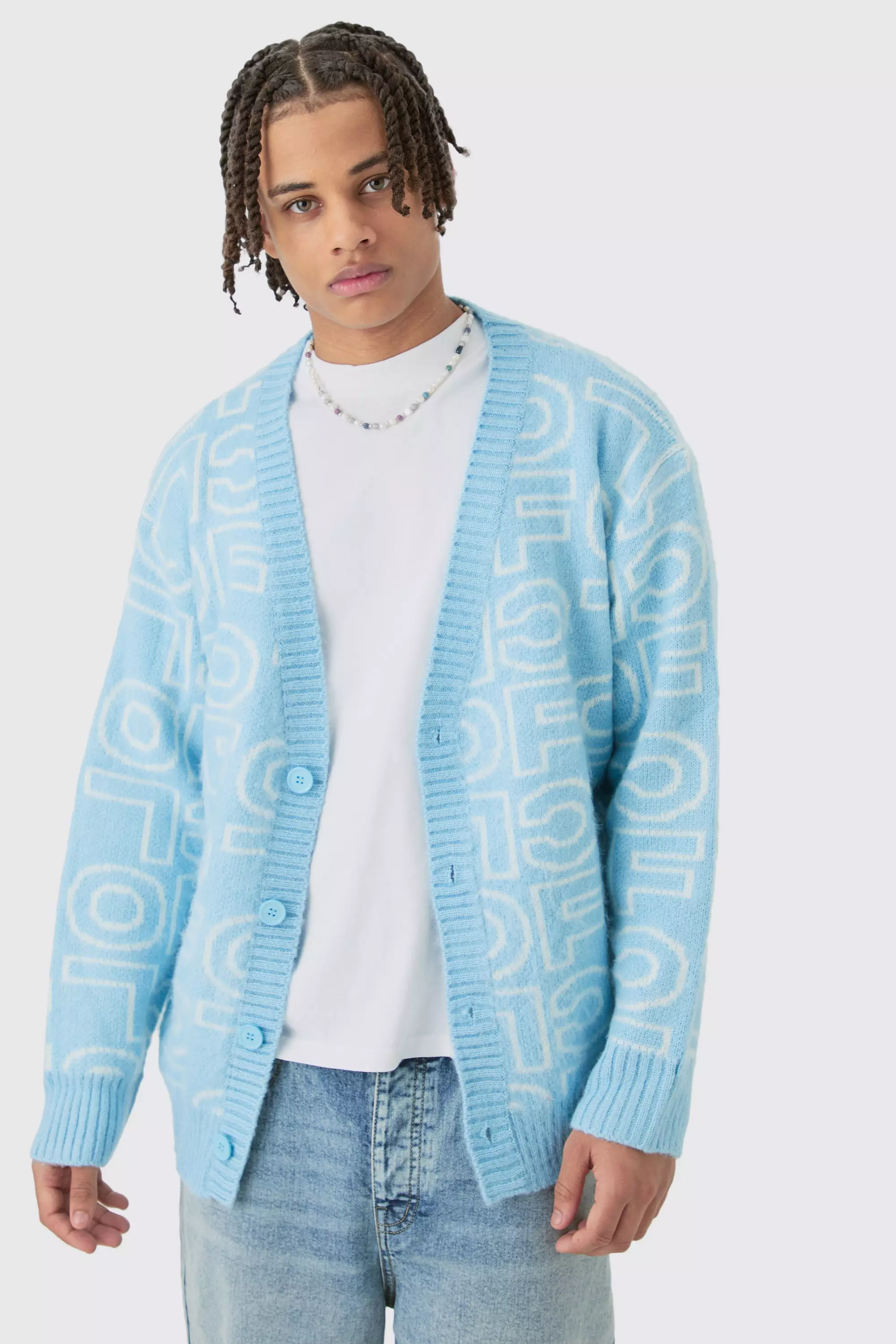 Blue Boxy Fluffy Branded Knitted Cardigan In Blue