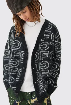 Black Boxy Fluffy Branded Knitted Cardigan In Black