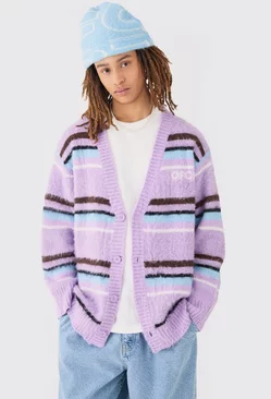Boxy Fluffy Striped Knitted Cardigan In Lilac Lilac