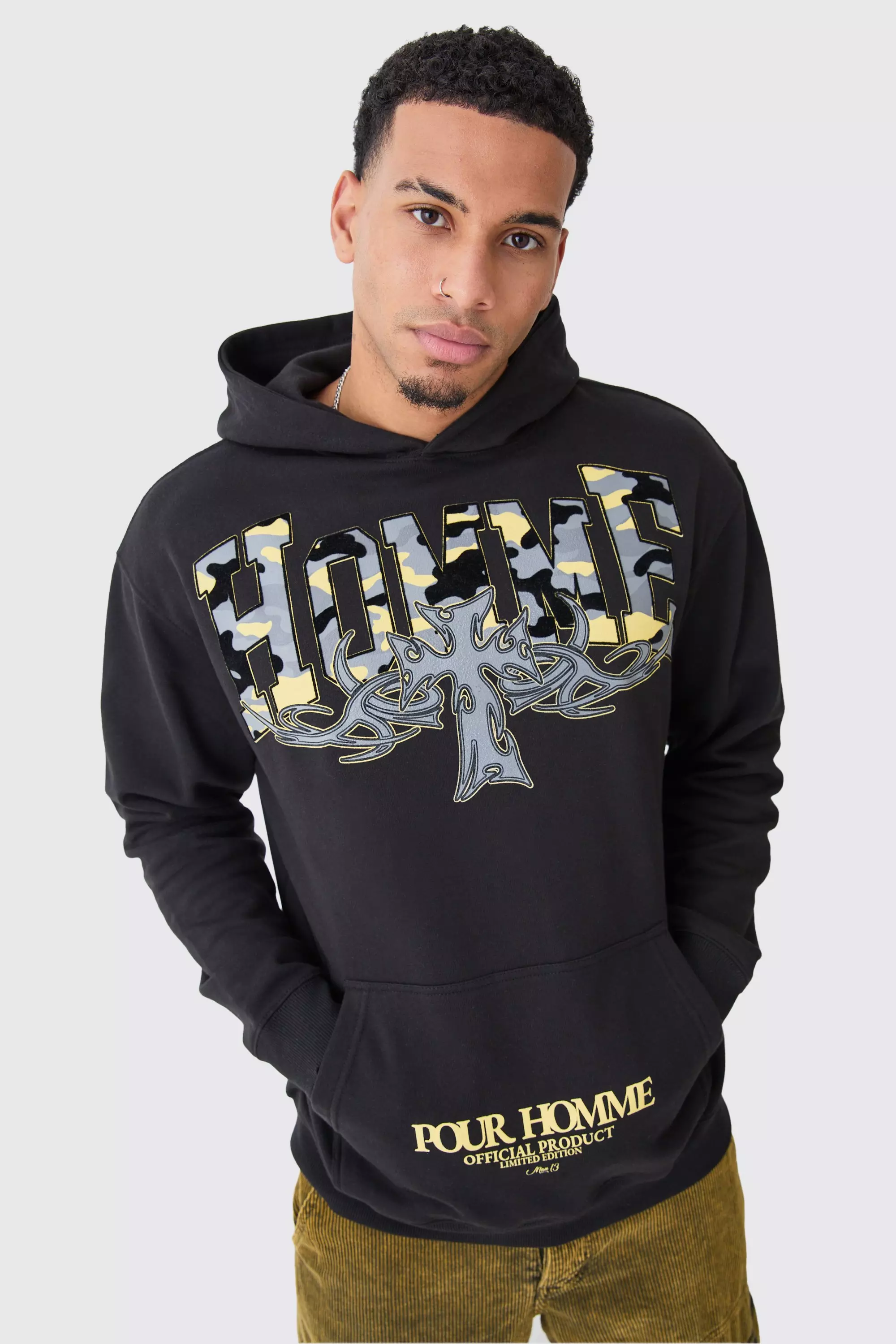 Oversized Camo Flock Print Hoodie Black