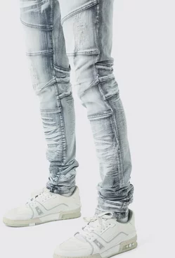 Grey Tall Skinny Stretch Heavy Bleached Ripped Jean