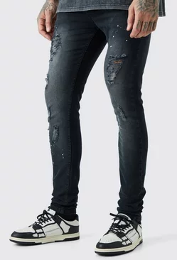 Black Tall Super Skinny Distressed Paint Splat Jeans