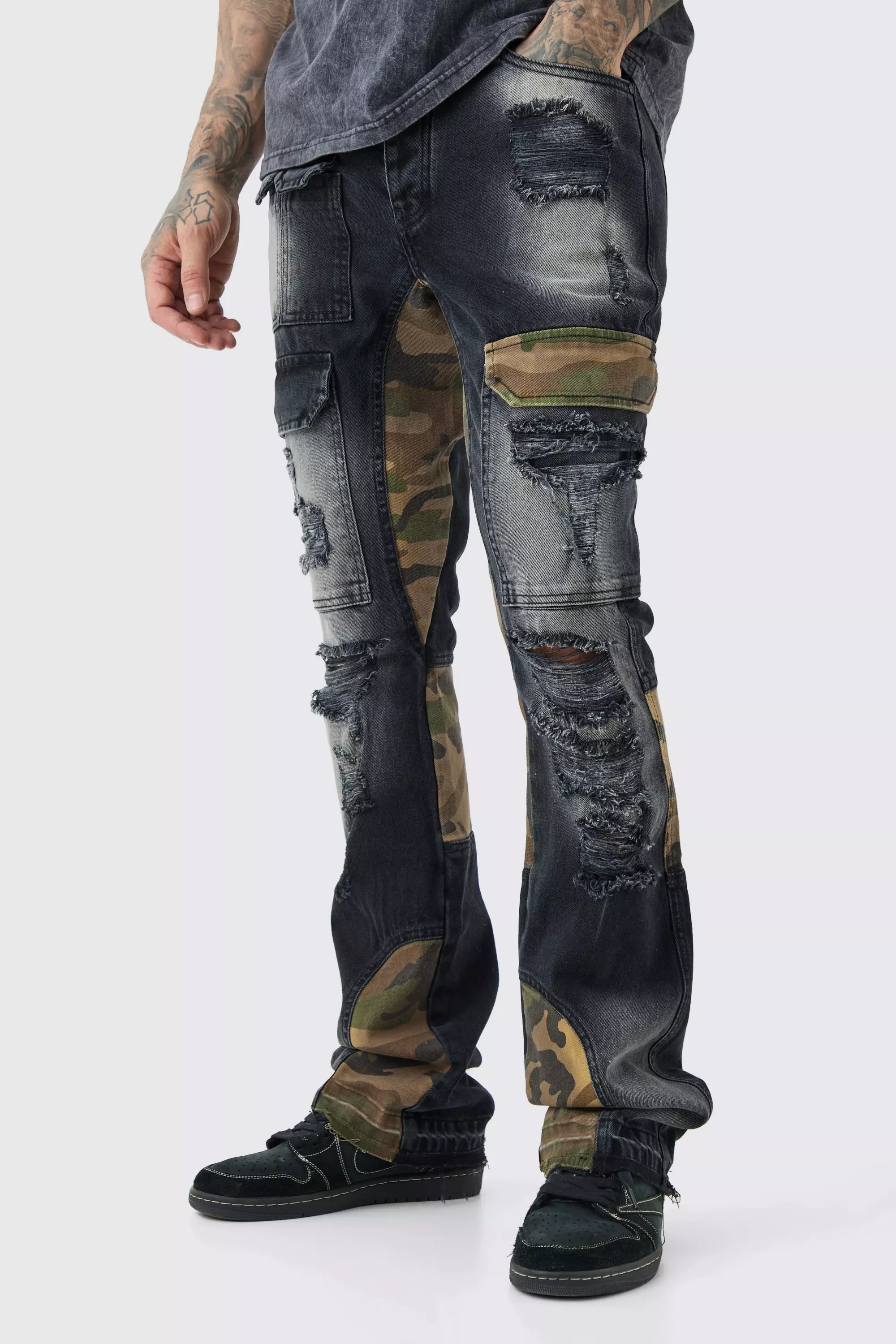 Ash Grey Tall Slim Rigid Flare Camo Repair Cargo Jeans