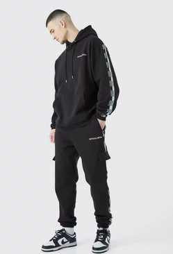 Black Tall Official Man Tape Cargo Hooded Tracksuit
